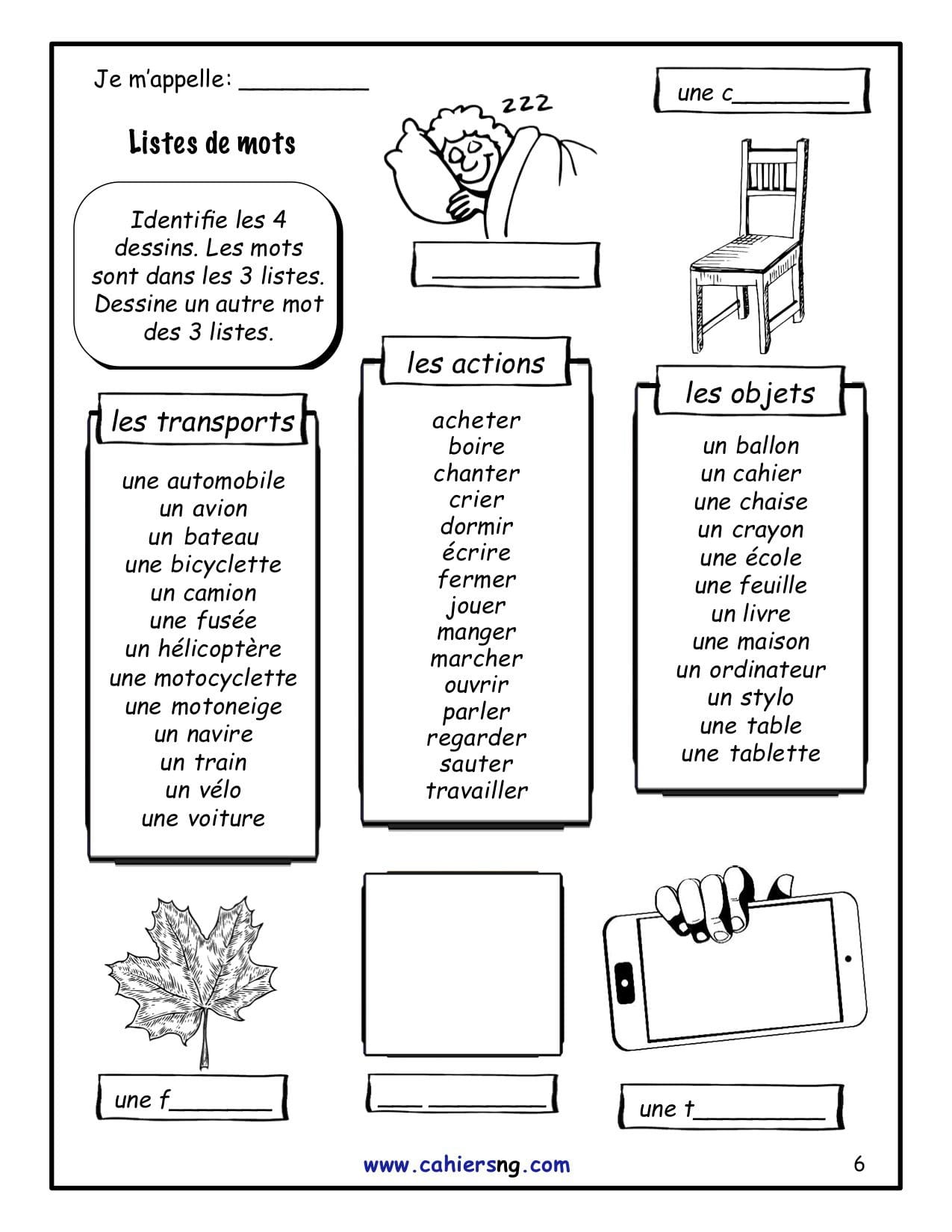 Trois listes de vocabulaire - 4e/5e années